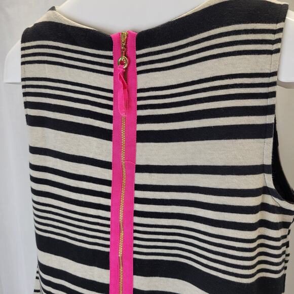 Donna Ricco Sheath Dress Striped Black and Tan w/ Pink Back Zip, M - Picture 6 of 8